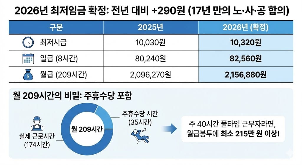 2026년 최저임금 10,320원 확정! 주휴수당 포함 월급 계산법 정리 - 지식과 경험: 춘식닷컴