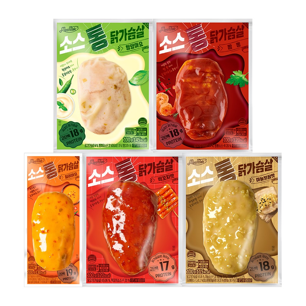 [랭킹닭컴] 맛있닭 소스 통 닭가슴살 5종 맛보기 세트 (칠리마요, 청양마요, 짬뽕, 떡꼬치, 마늘보쌈), 100g, 50개 image 1